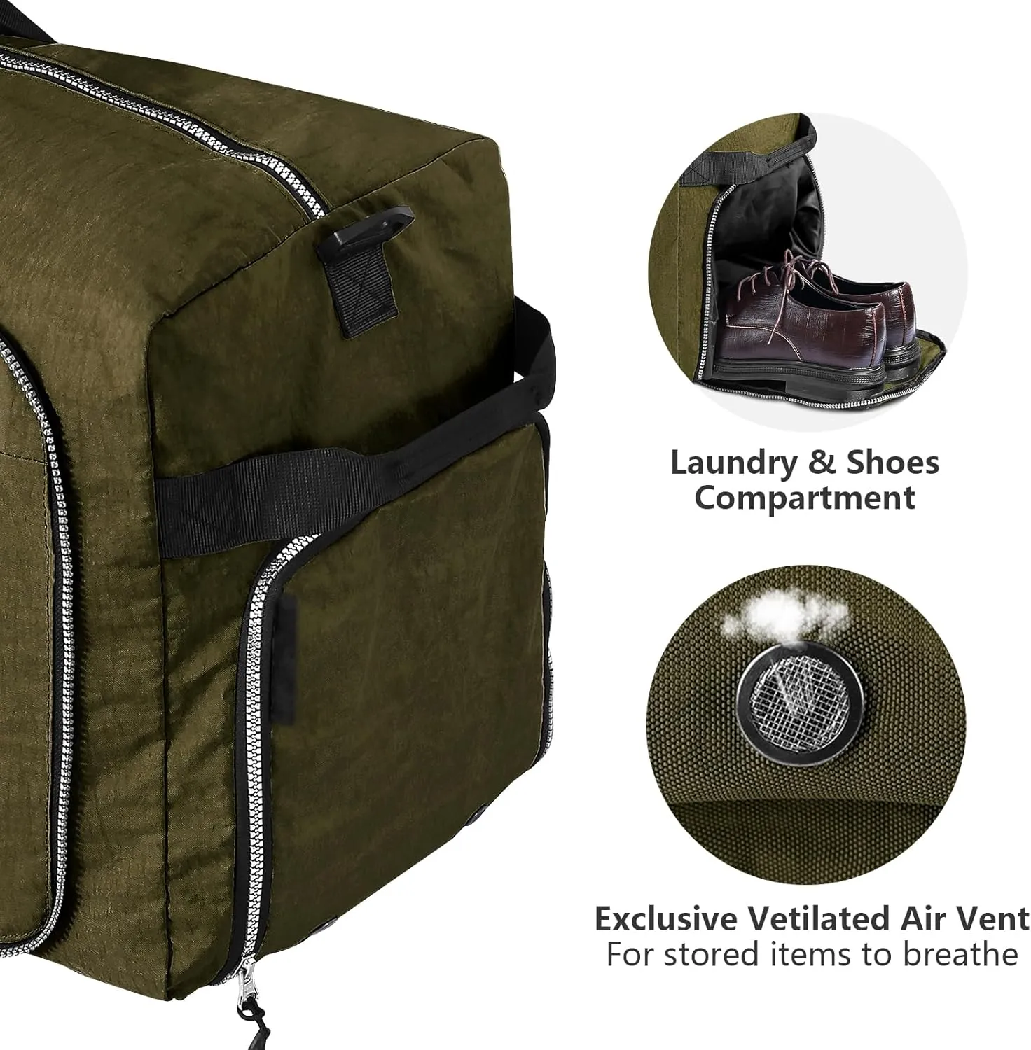 65L Foldable Nylon Duffle Bag, Waterproof Large Travel Bag with Thicken Bottom, Army Green