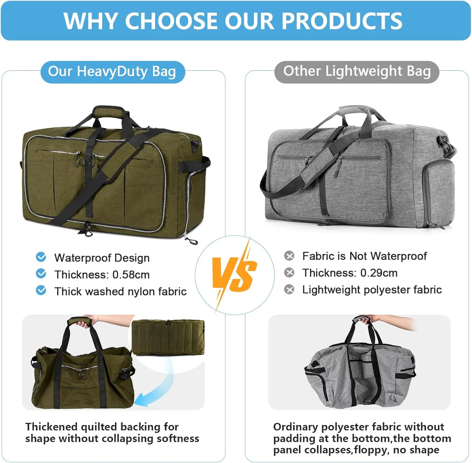 65L Foldable Nylon Duffle Bag, Waterproof Large Travel Bag with Thicken Bottom, Army Green