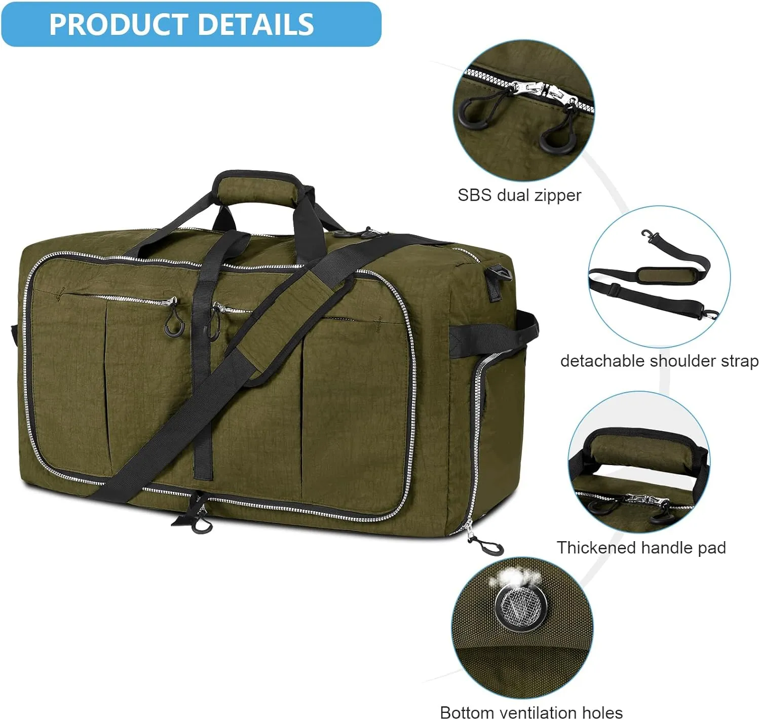 65L Foldable Nylon Duffle Bag, Waterproof Large Travel Bag with Thicken Bottom, Army Green