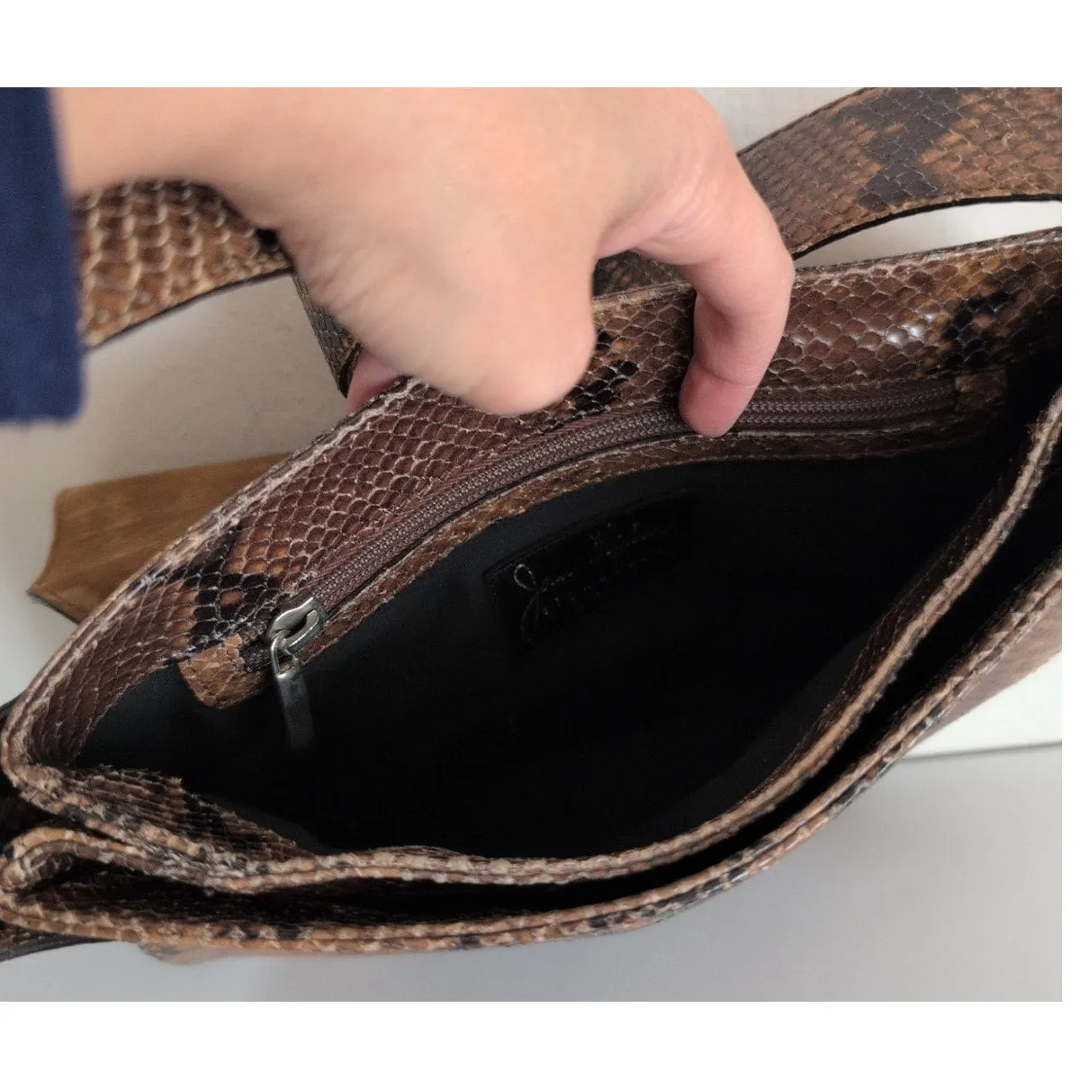 70s Snakeskin Leather Shoulder Bag Brown by Joan Helpern