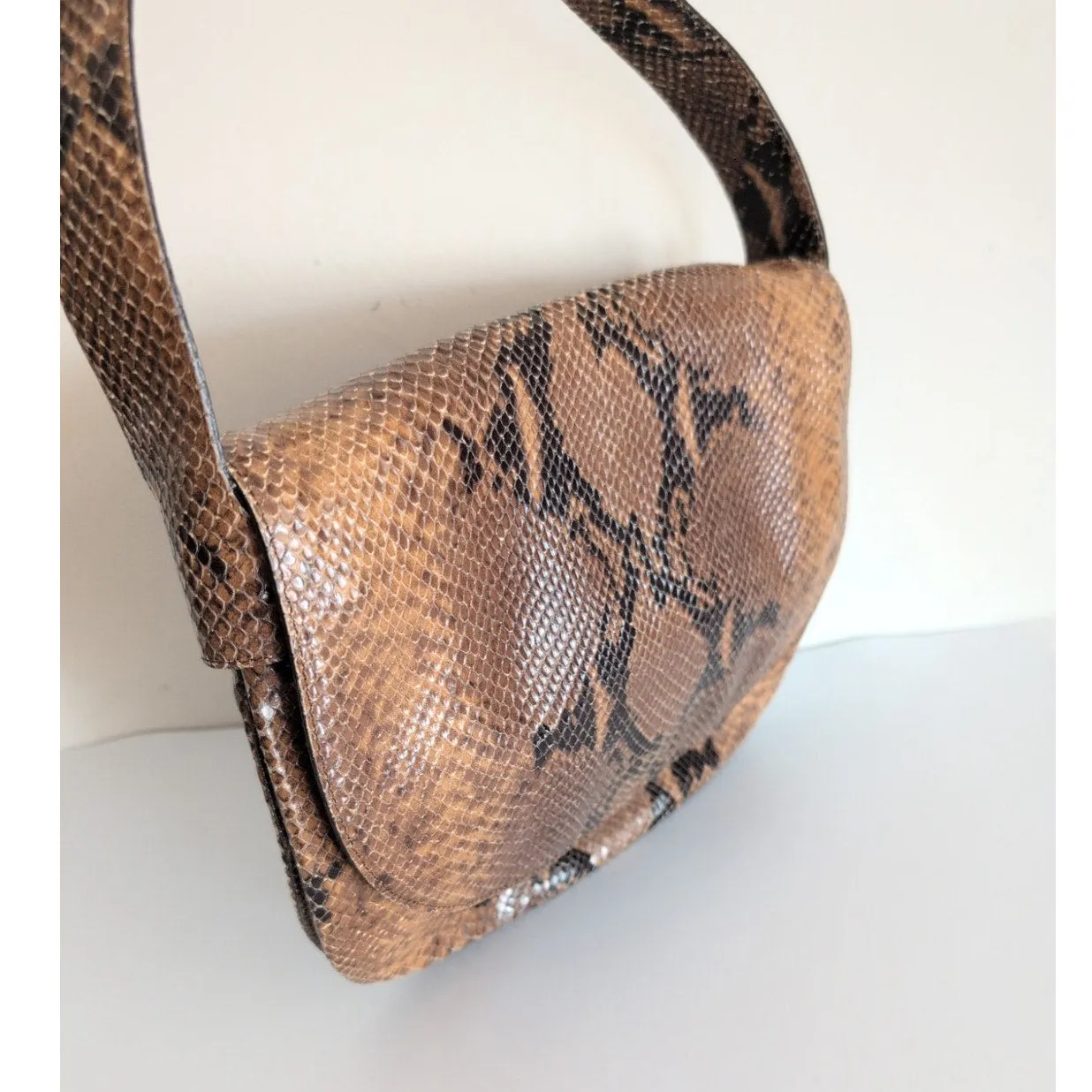 70s Snakeskin Leather Shoulder Bag Brown by Joan Helpern