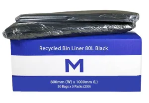 80L Black Recycled Bin Liners x 250's pack (800mm x 1000mm x 40mu)