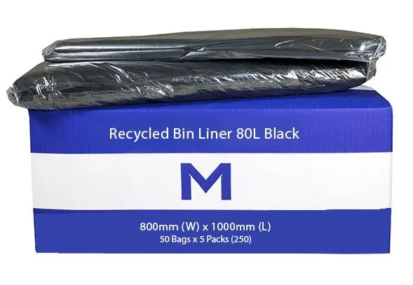 80L Black Recycled Bin Liners x 250's pack (800mm x 1000mm x 40mu)