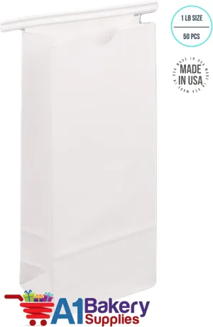 A1 Bakery Supplies 50 Pack 1 LB White Paper Bags, Tin Tie Tab Lock Bags, 7 3/4" L x 3 3/8" W x 2 1/8" Gusset, Everyday Use