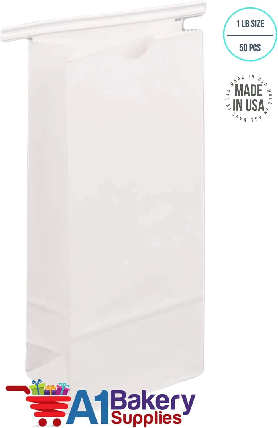 A1 Bakery Supplies 50 Pack 1 LB White Paper Bags, Tin Tie Tab Lock Bags, 7 3/4" L x 3 3/8" W x 2 1/8" Gusset, Everyday Use