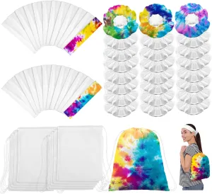 Abbylike 72 Pcs Tie Dye Party Supplies, 24 Cotton Drawstring Bags Tie Dye Drawstring Backpack 14 x 16 Inch Drawstring Tote Bags 24 White Cotton Scrunchies 24 Elastic Hair White Headband for Women DIY
