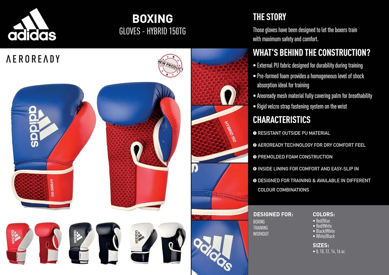 adidas Hybrid 150 Boxing Gloves - Leather Training Boxing Gloves for Men & Women - Kickboxing, Heavy Bag, MMA & Workout Gloves - Available in 10, 12, 14, 16 oz - Black/White, White/Black