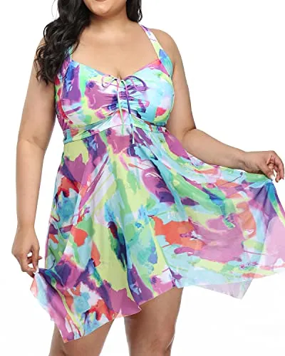 Adjustable Strap Criss-Cross Back Plus Size Swimdress Boyshorts-Color Tie Dye