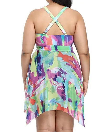 Adjustable Strap Criss-Cross Back Plus Size Swimdress Boyshorts-Color Tie Dye