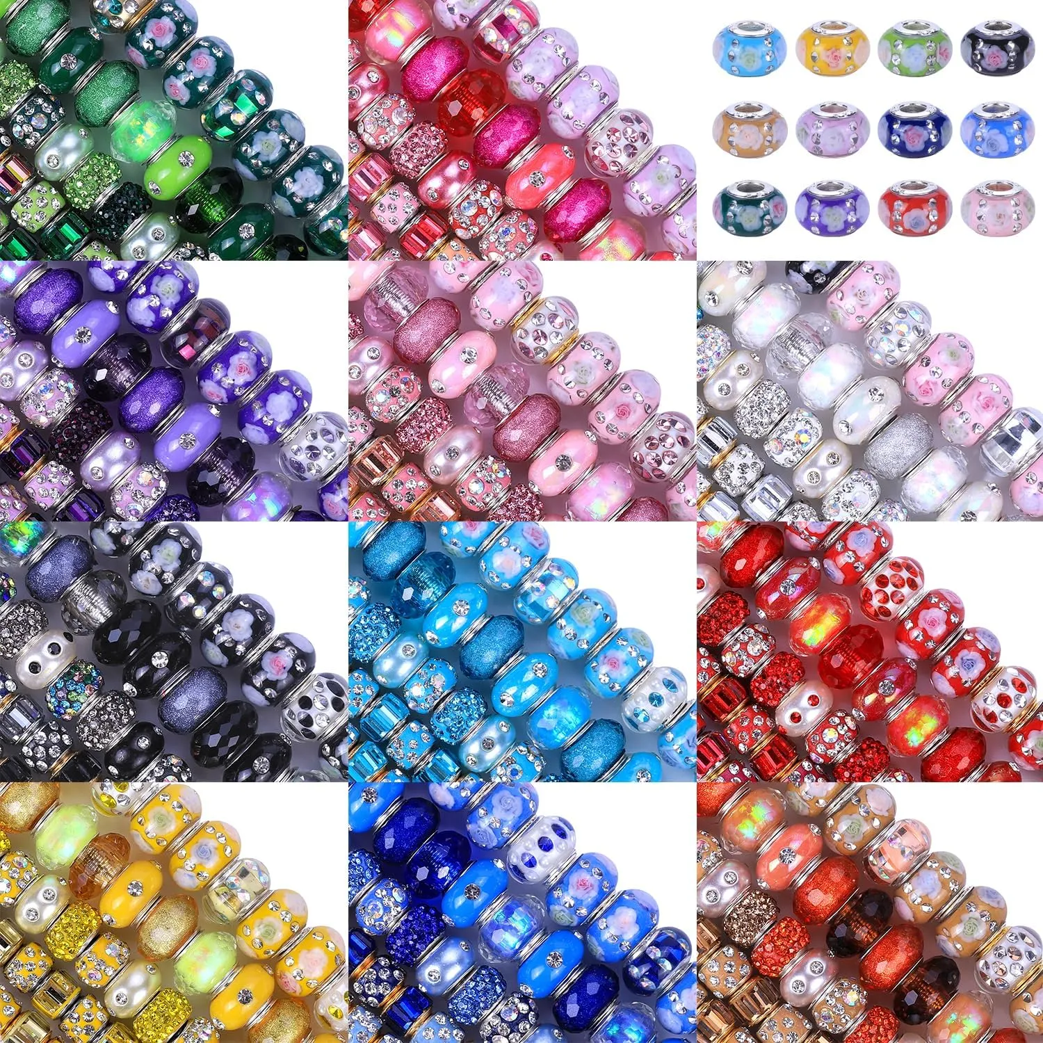 AIPRIDY 60 Pieces Girls' Lucky Beads Lover Amber Beads, Big Hole Spacer Beads European Craft Murano Beads for DIY Charms Bracelet Jewelry Making (Mix Style Aqua)