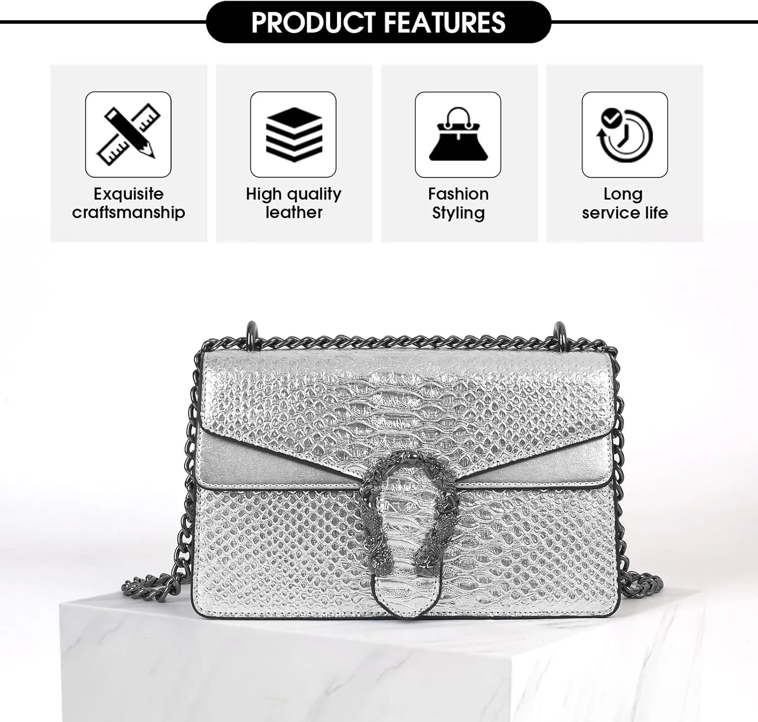 Aiqudou Crossbody Bag and Satchel Purse for Women - Fashion Snake Print Chain Purse Luxury PU Leather HandBag