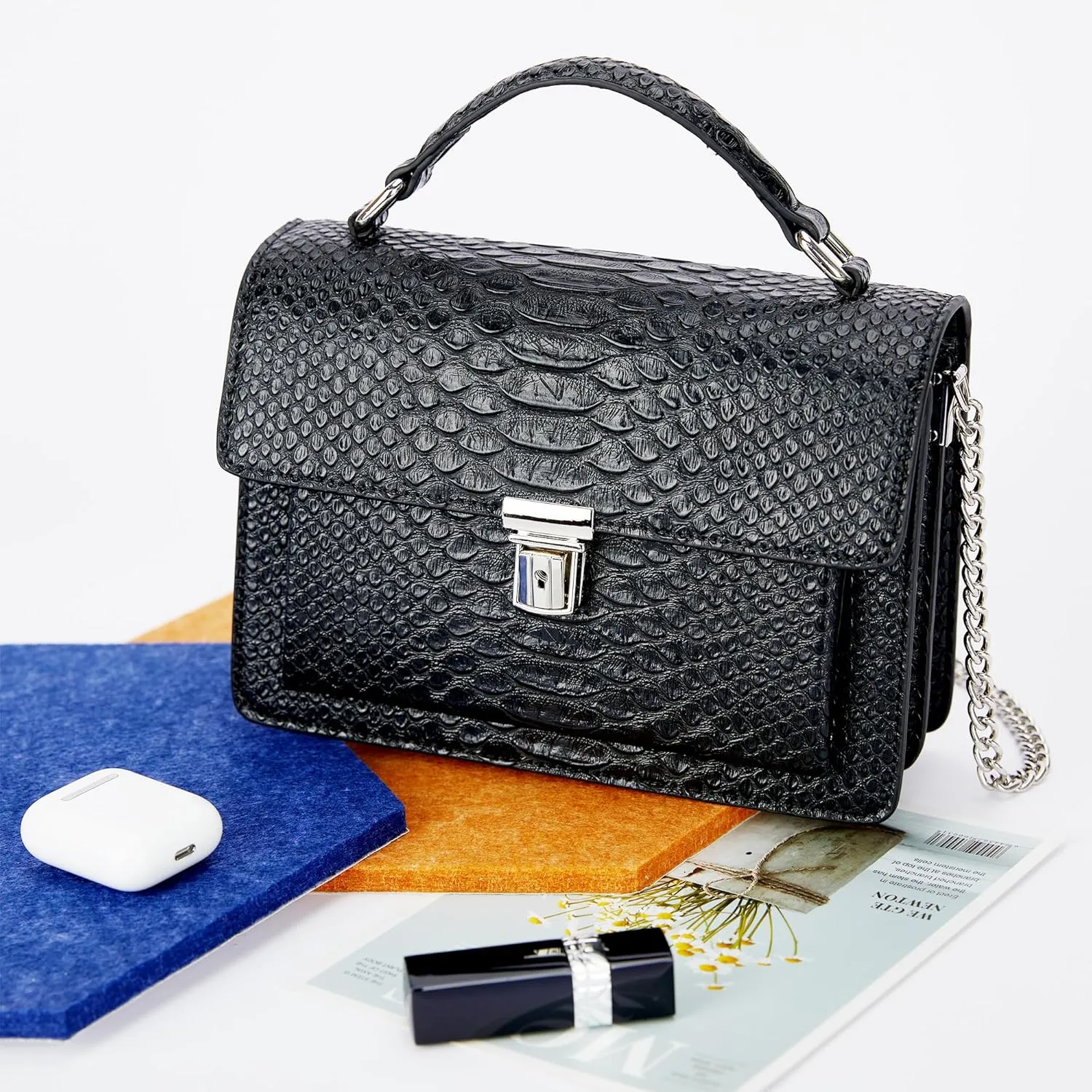 Aiqudou Crossbody Bag and Satchel Purse for Women - Fashion Snake Print Chain Purse Luxury PU Leather HandBag