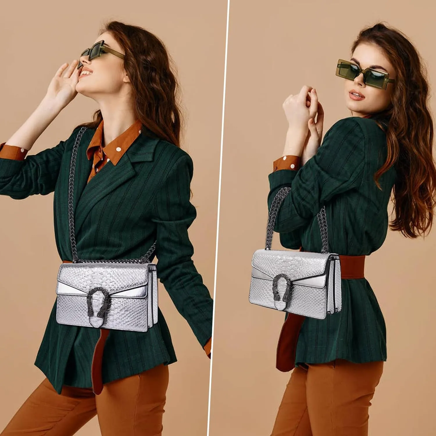 Aiqudou Crossbody Bag and Satchel Purse for Women - Fashion Snake Print Chain Purse Luxury PU Leather HandBag