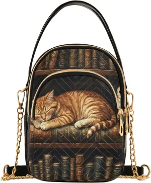 ALAZA Chain Crossbody Bags for Women Cat Owl Bookshelf Bookworm Quilted Shoulder Crossbody Handbags Travel Cross Body Cell Phone Purses Bags