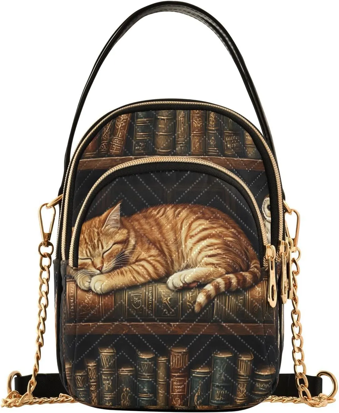 ALAZA Chain Crossbody Bags for Women Cat Owl Bookshelf Bookworm Quilted Shoulder Crossbody Handbags Travel Cross Body Cell Phone Purses Bags
