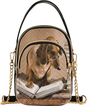 ALAZA Chain Crossbody Bags for Women Dachshund Puppy Dog Professor Quilted Shoulder Crossbody Handbags Travel Cross Body Cell Phone Purses Bags