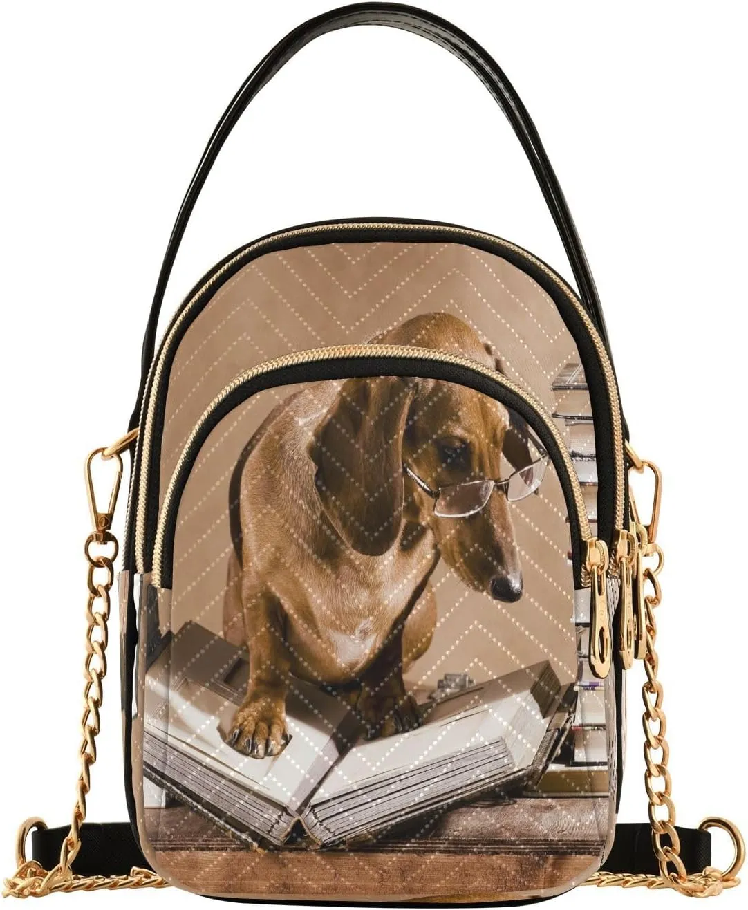 ALAZA Chain Crossbody Bags for Women Dachshund Puppy Dog Professor Quilted Shoulder Crossbody Handbags Travel Cross Body Cell Phone Purses Bags