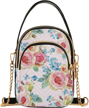 ALAZA Chain Crossbody Bags for Women Romantic Roses Flowers Quilted Shoulder Crossbody Handbags Travel Cross Body Cell Phone Purses Bags