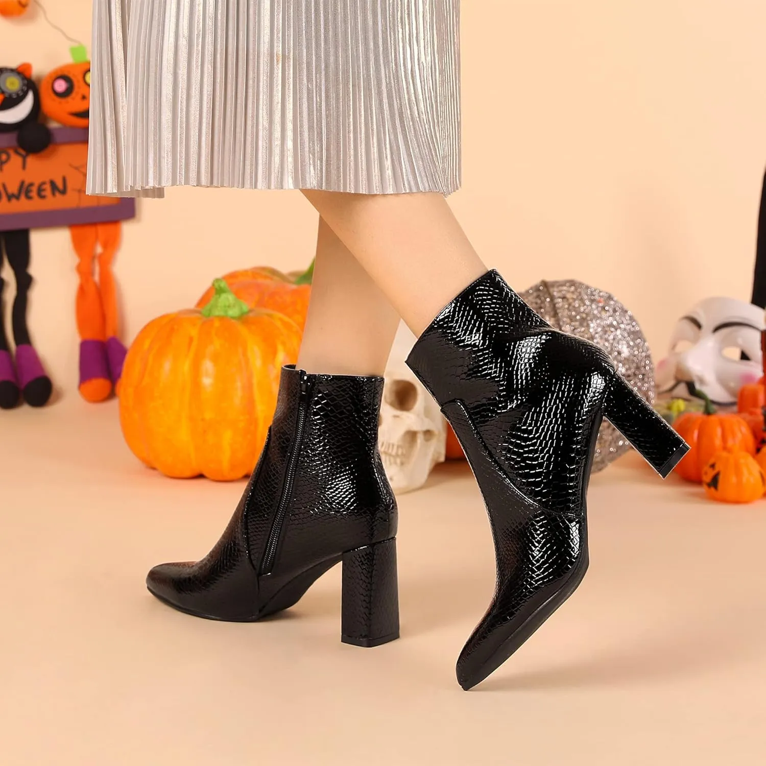 Allegra K Women's Snakeskin Print Boots Halloween Costumes Chunky High Heels Ankle Boots