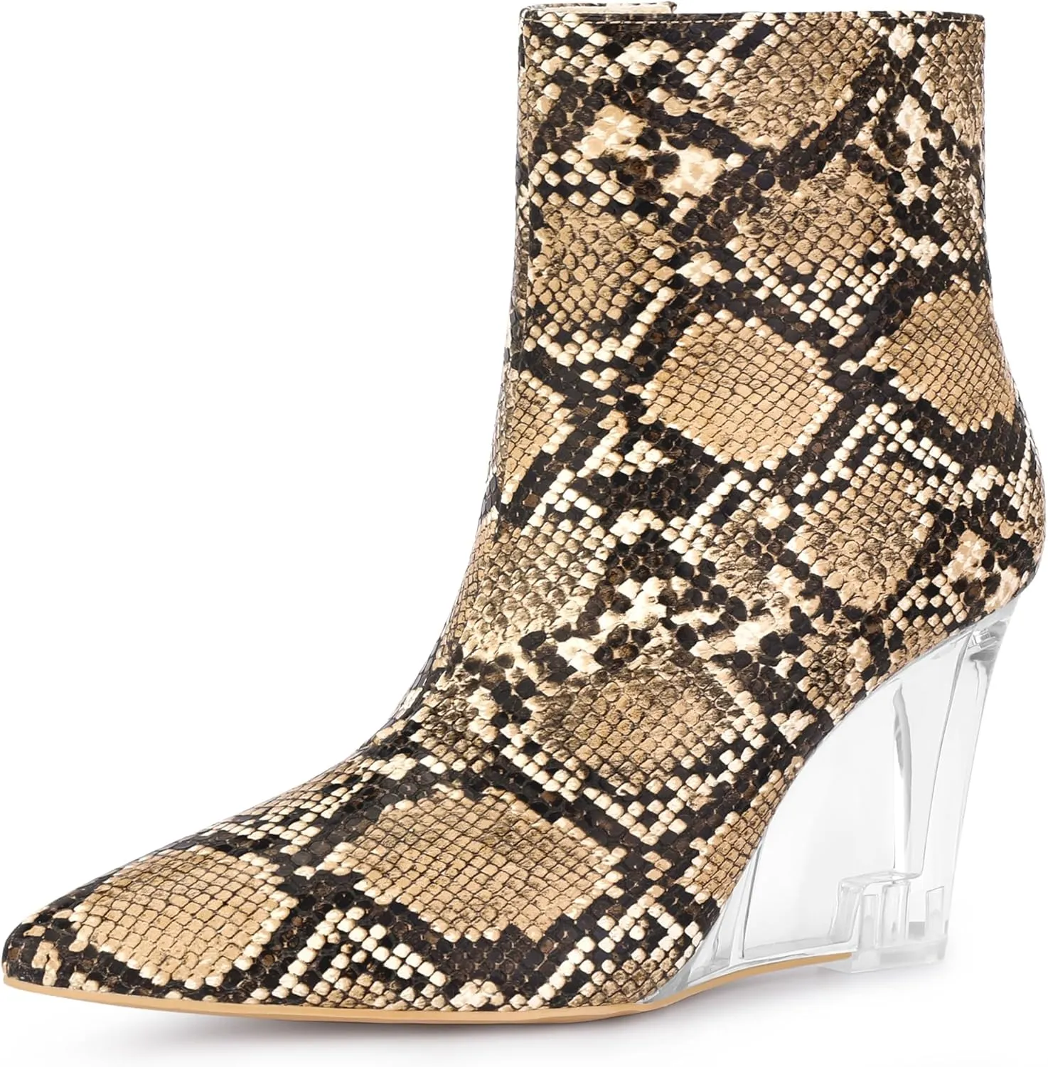 Allegra K Women's Snakeskin Printed Ankle Boots Pointed Toe Wedge Clear Heels Boots