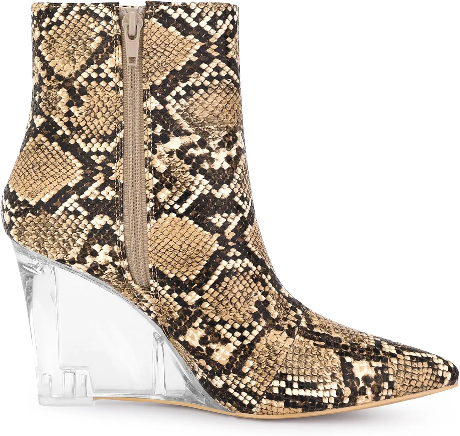 Allegra K Women's Snakeskin Printed Ankle Boots Pointed Toe Wedge Clear Heels Boots