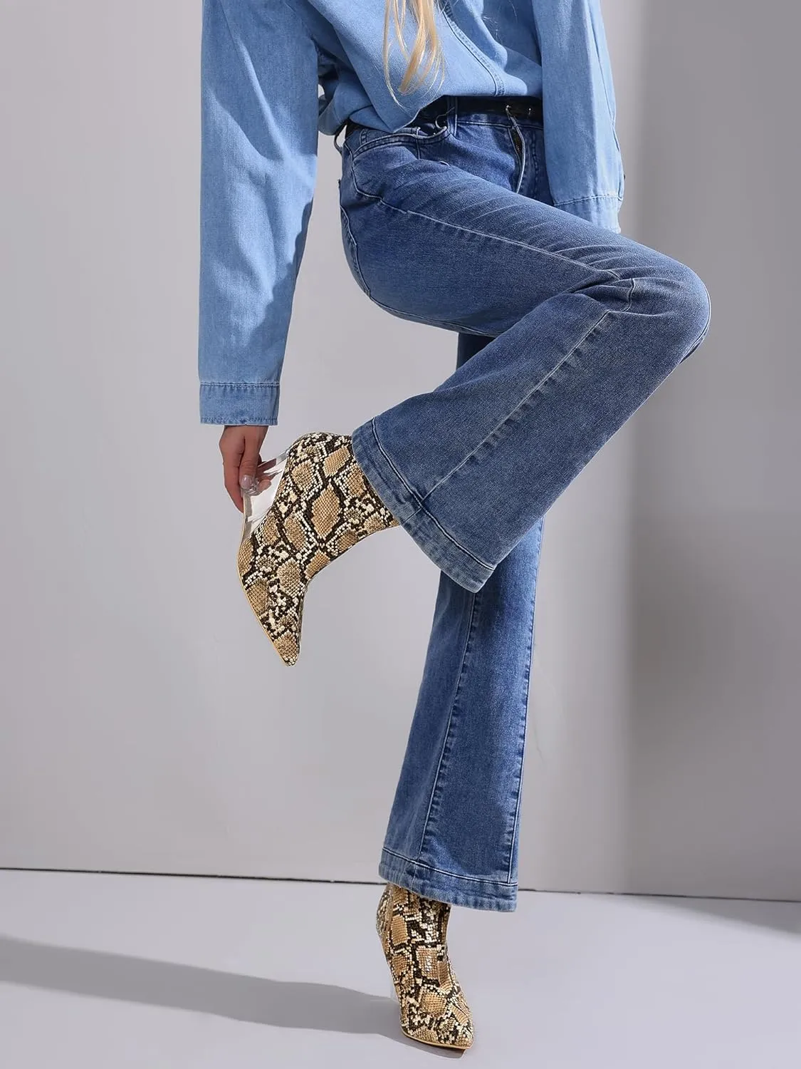 Allegra K Women's Snakeskin Printed Ankle Boots Pointed Toe Wedge Clear Heels Boots