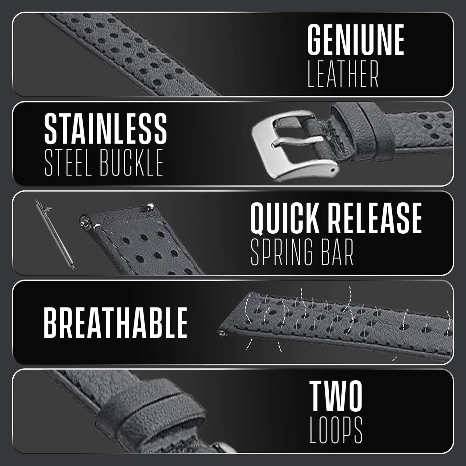 ALPINE Genuine Perforated Leather for Watch Band - Quick Release Replacement Watch Bands for Women & Men - Stainless Steel Buckles - Compatible with Regular & Smart Watch Bands
