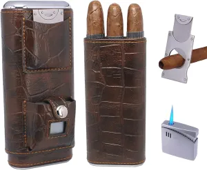 AMANCY Luxury 3 Holder Classy Black Brown Crocodile Pattern Leather Cigar Humidor Case Set with Lighter and Cutter - Great Cigar Gift Kit for Men