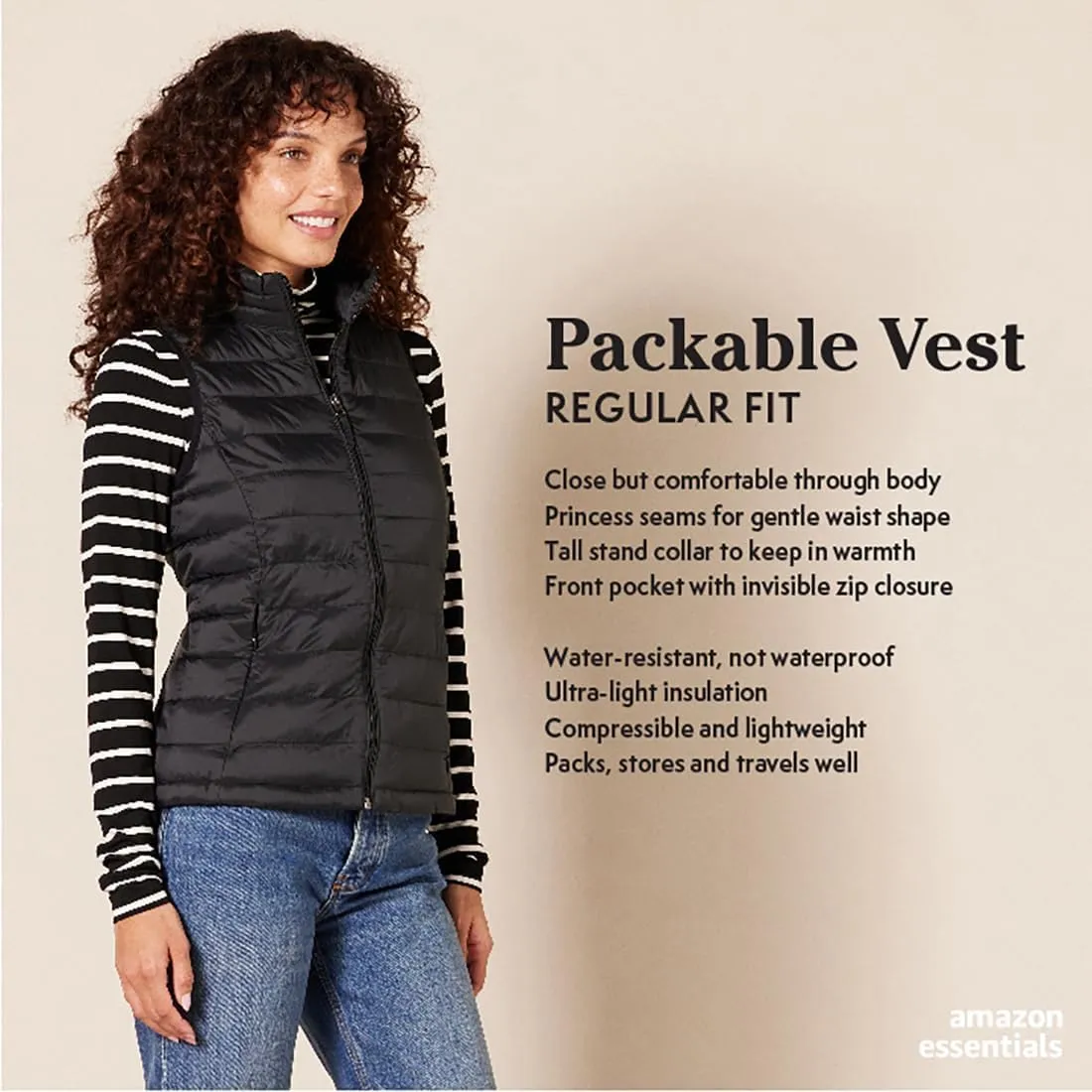 Amazon Essentials Women's Lightweight Water-Resistant Packable Puffer Vest