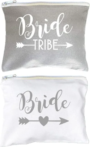 AMERIBA 12 PACK SET   1 BRIDE BAG Premium Natural Cotton Canvas Makeup Bag- Bridesmaids Gifts for the Bachelorette Party or Bridal Shower (White & Gray)
