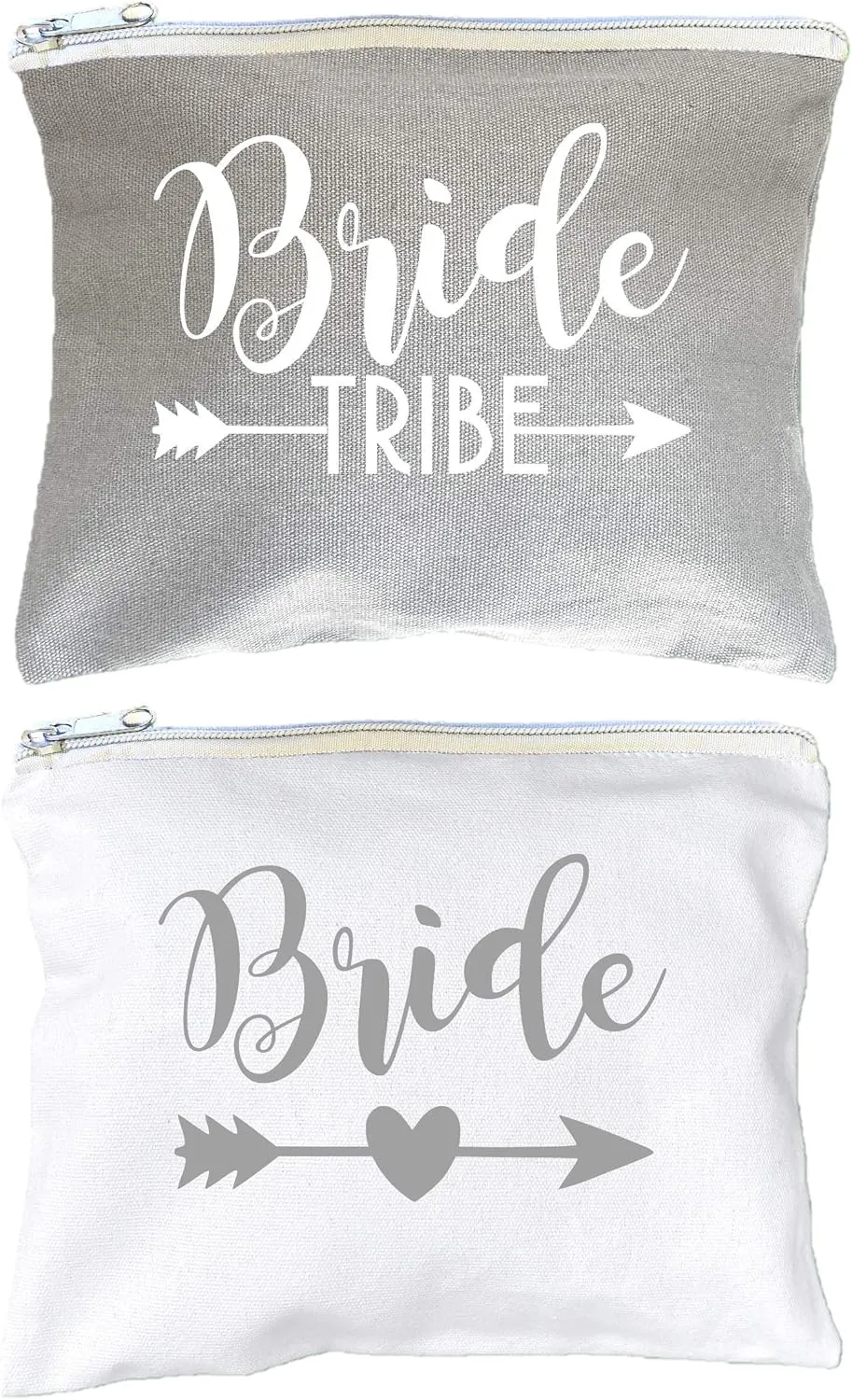 AMERIBA 12 PACK SET   1 BRIDE BAG Premium Natural Cotton Canvas Makeup Bag- Bridesmaids Gifts for the Bachelorette Party or Bridal Shower (White & Gray)