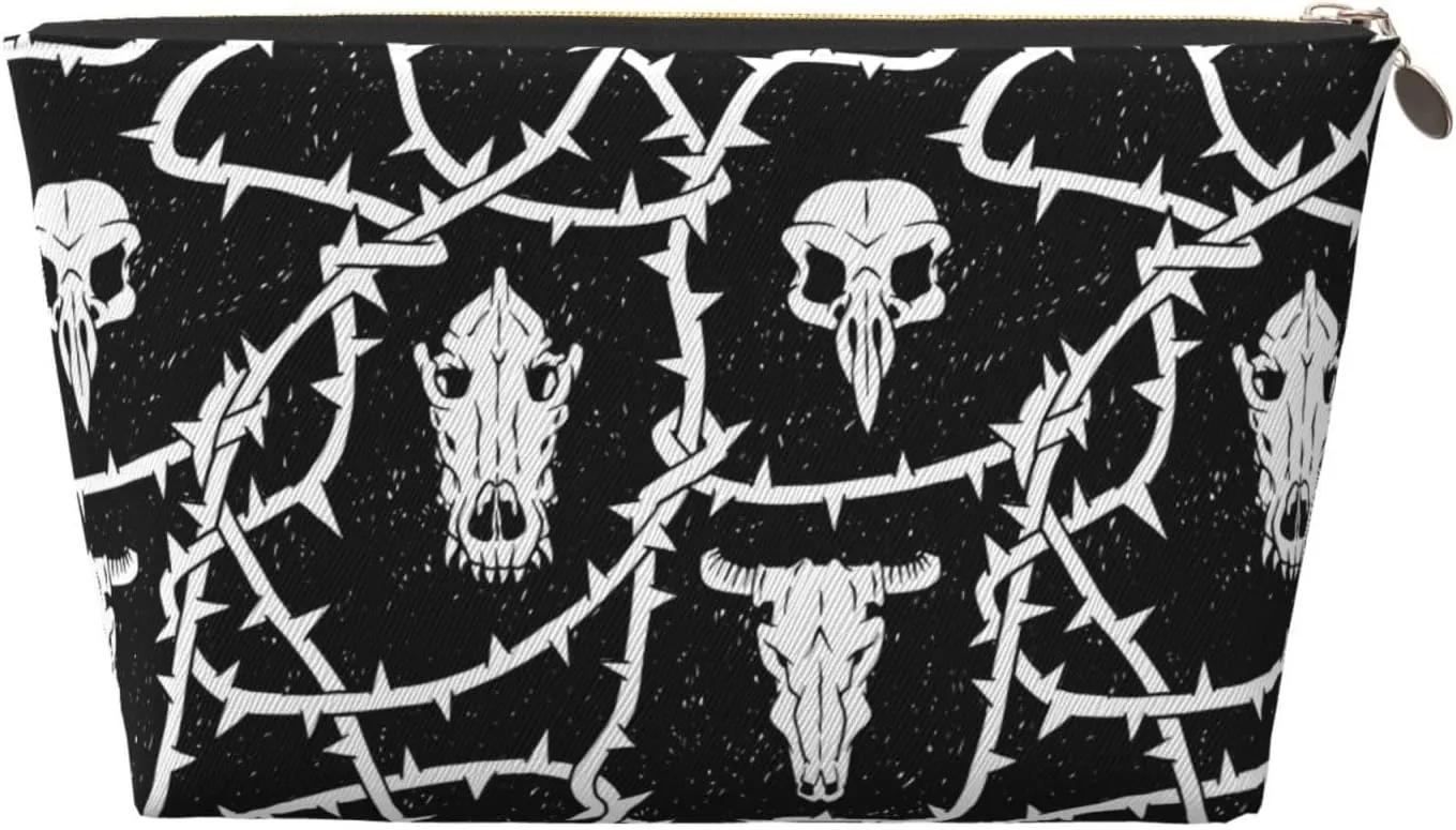 Animal Skulls And Thorns Horror Mystic Black Small Makeup Bag For Purse,Leather Cosmetic Bags For Girls Women Zipper Travel Toiletry Pouch Makeup Bags