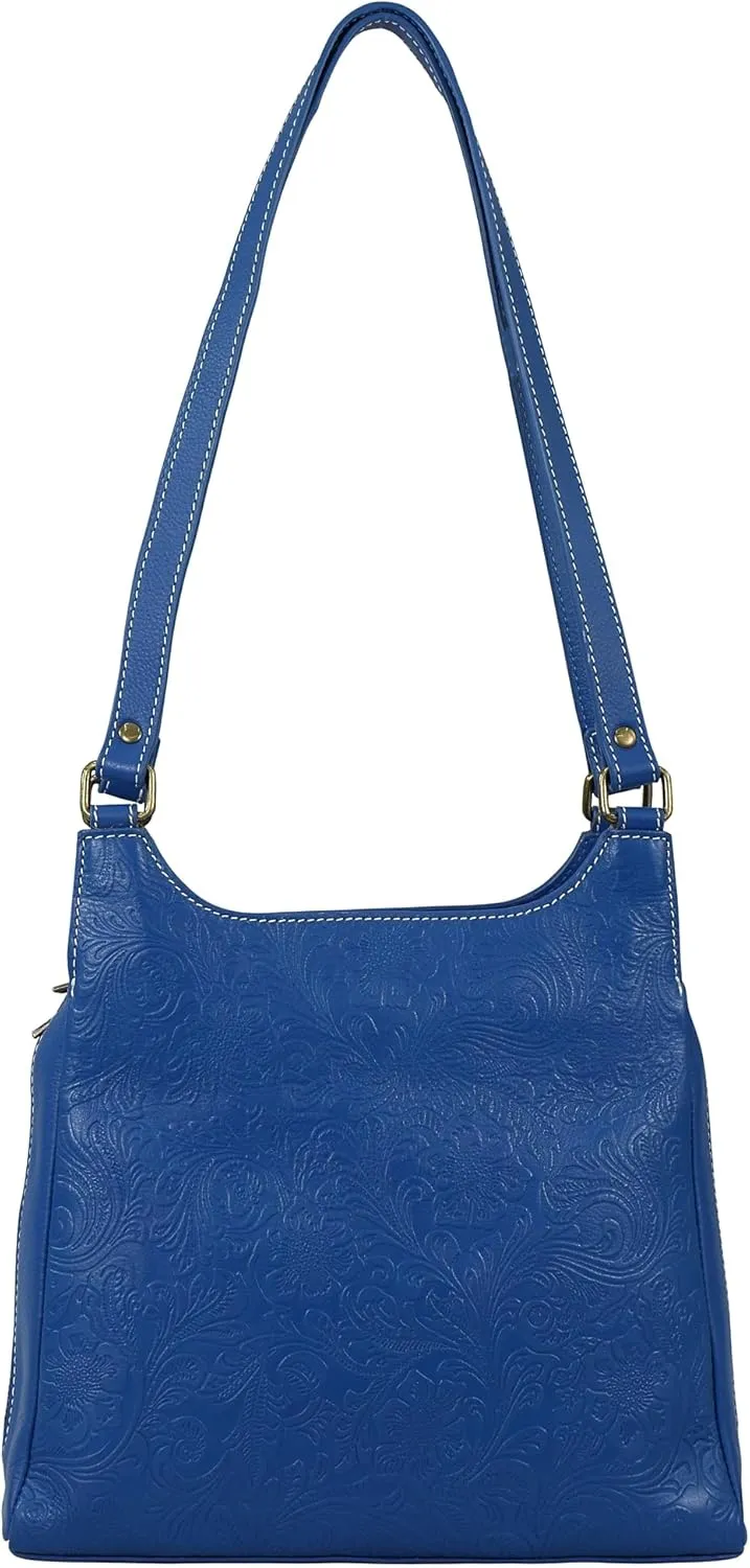 Anna by Anuschka Heritage Collection Women's Genuine Leather Triple Compartment Satchel - Floral Embossed Royal Blue