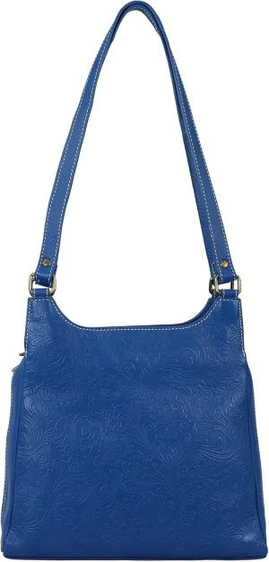 Anna by Anuschka Heritage Collection Women's Genuine Leather Triple Compartment Satchel - Floral Embossed Royal Blue