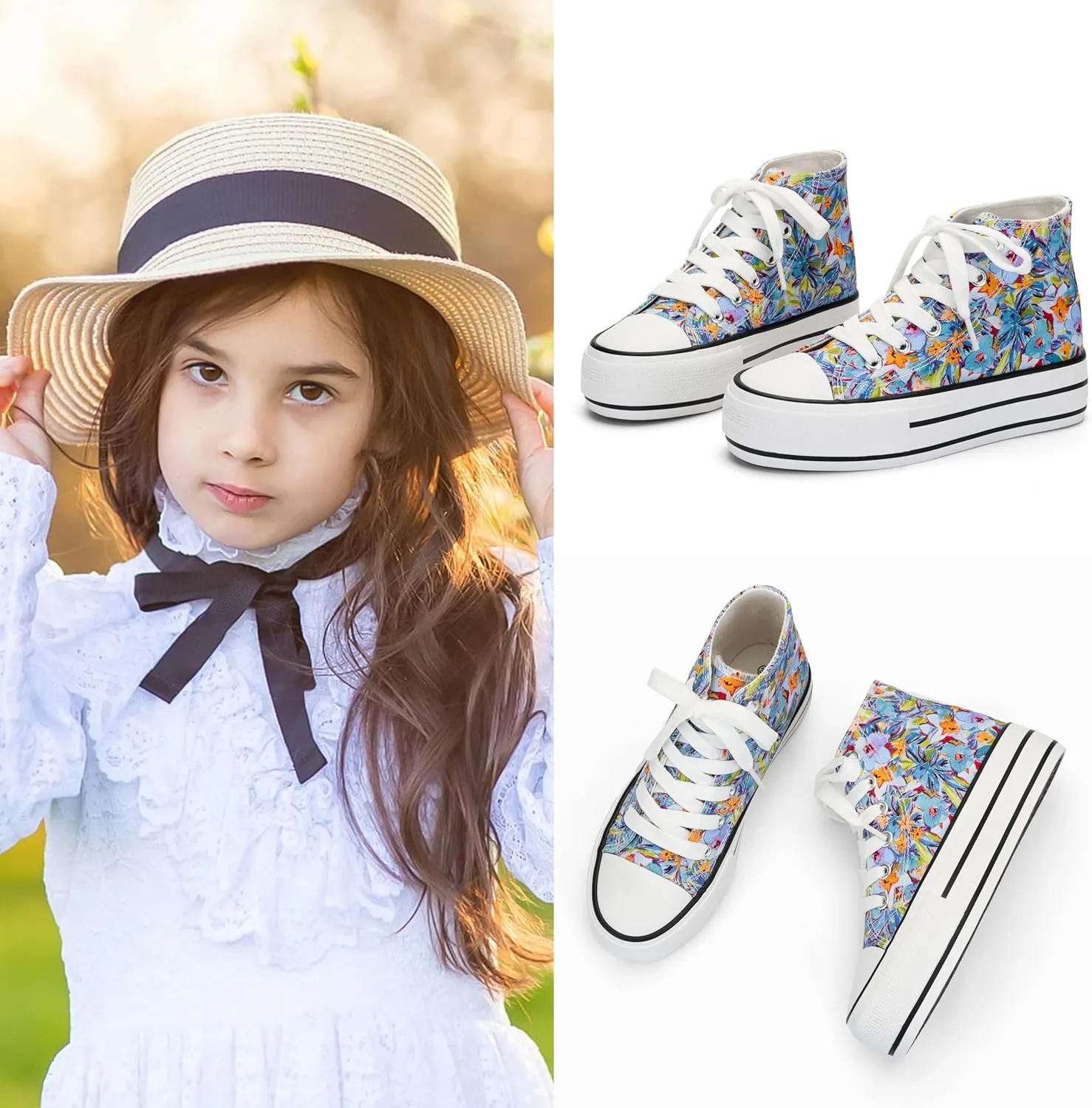 ANTLULU Girls’ Platform Canvas Shoes Low Top and High Top Canvas Sneakers Lace-up Fashion Casual Shoes for Girls