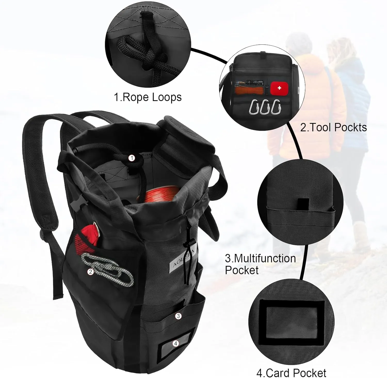 AOLEBA Arborist Rope Storage Bag Tree Climbing Rock Rope Bucket Backpack Rope Arborist Bag 200' Large Capacity 1680D Thicken Nylon Material with Hand Straps, Side Pockets - Black