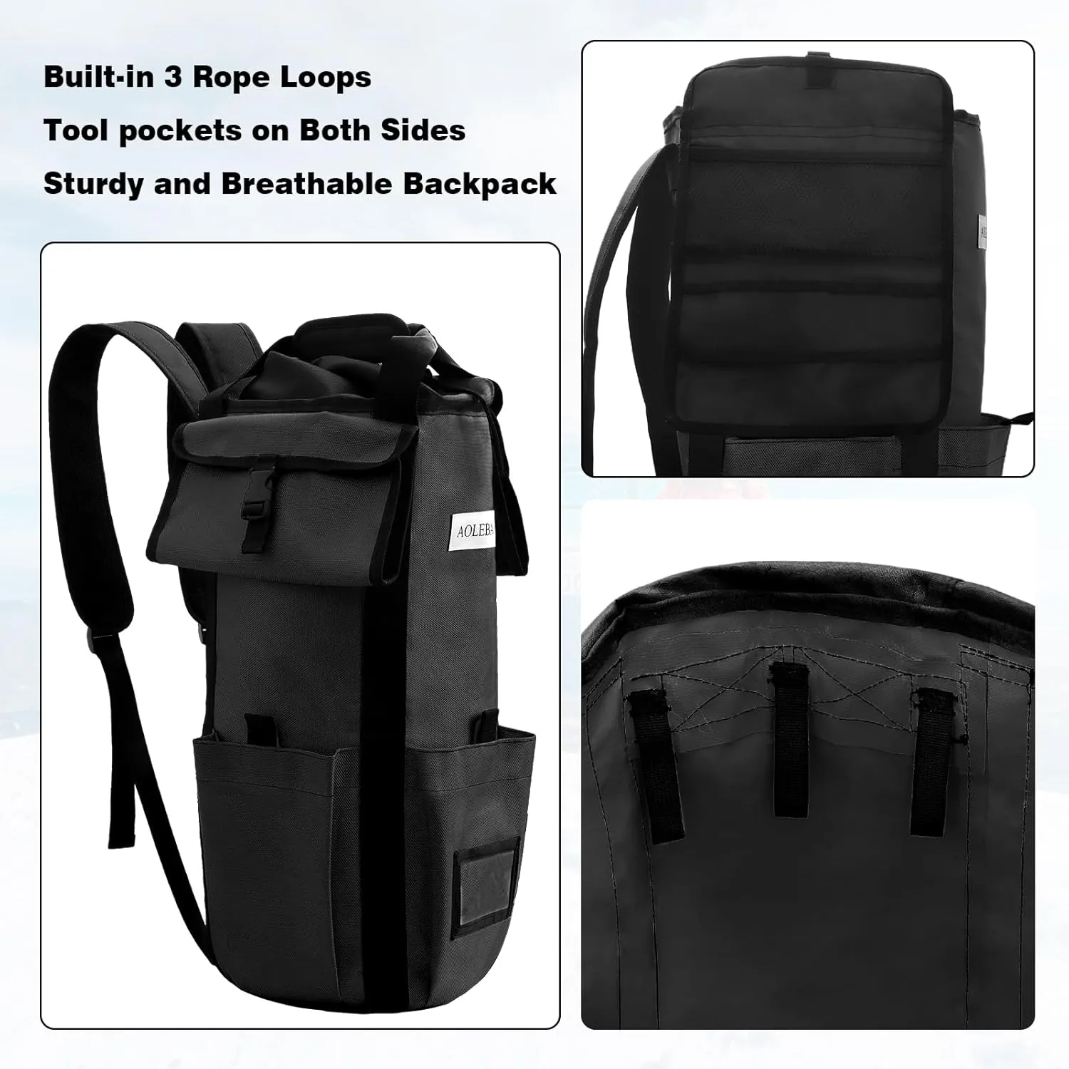 AOLEBA Arborist Rope Storage Bag Tree Climbing Rock Rope Bucket Backpack Rope Arborist Bag 200' Large Capacity 1680D Thicken Nylon Material with Hand Straps, Side Pockets - Black