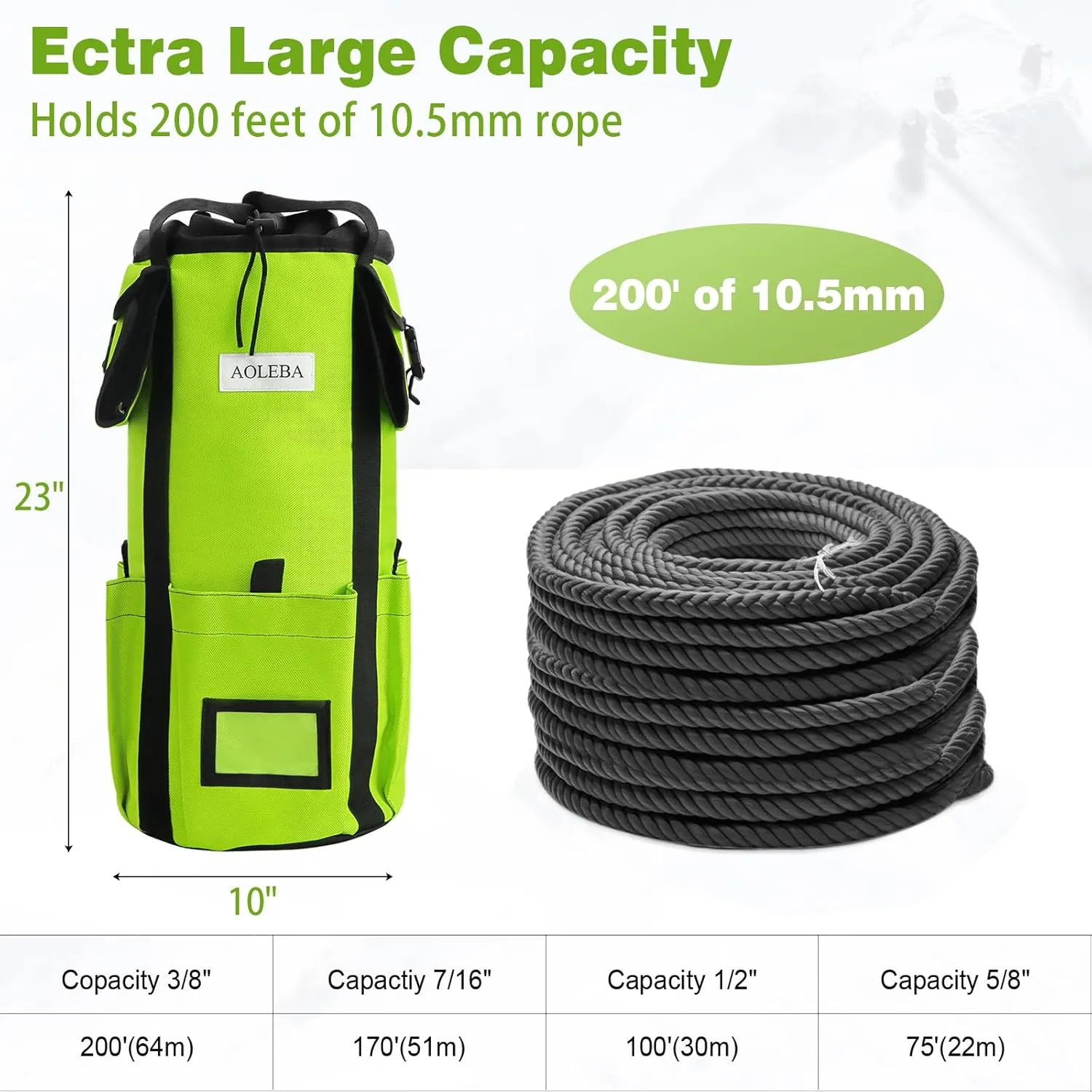 AOLEBA Arborist Rope Storage Bag Tree Climbing Rock Rope Bucket Backpack Rope Arborist Bag Large Capacity 1680D Thicken Nylon Material with Hand Straps, Side Pockets - Neon Green