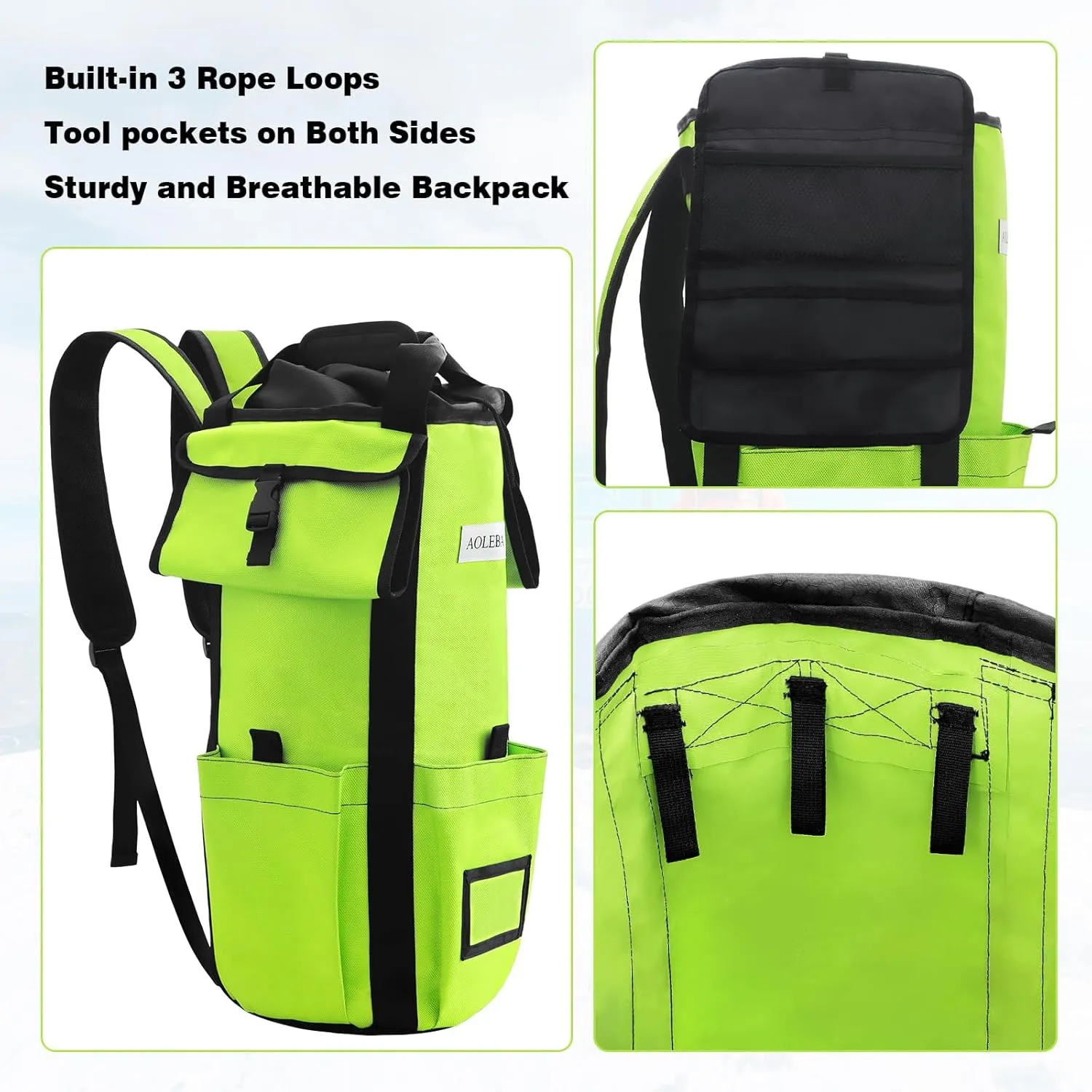 AOLEBA Arborist Rope Storage Bag Tree Climbing Rock Rope Bucket Backpack Rope Arborist Bag Large Capacity 1680D Thicken Nylon Material with Hand Straps, Side Pockets - Neon Green