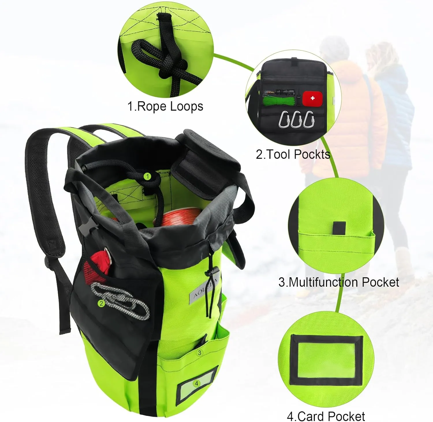 AOLEBA Arborist Rope Storage Bag Tree Climbing Rock Rope Bucket Backpack Rope Arborist Bag Large Capacity 1680D Thicken Nylon Material with Hand Straps, Side Pockets - Neon Green