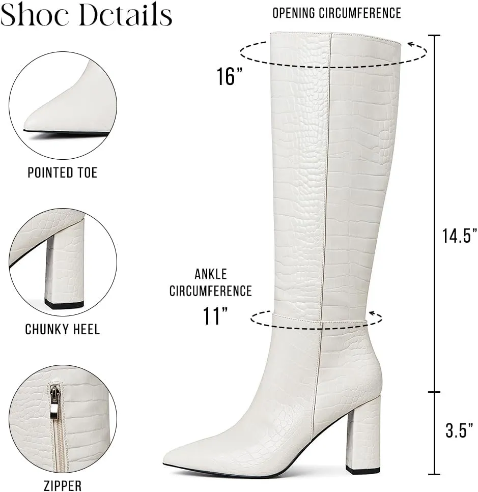 AOSPHIRAYLIAN Knee High Boots Women Snake Faux Crocodile Boots Long Tall Boots Pointed Toe Chunky High Heel Boots with Zipper Block Heel Fashion Dress Boots Pull On Size 6-10