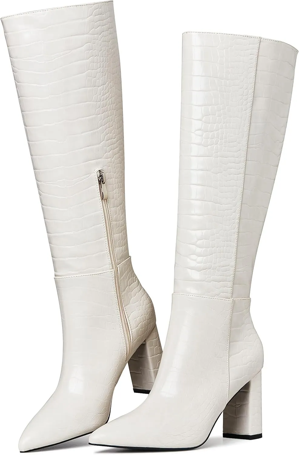 AOSPHIRAYLIAN Knee High Boots Women Snake Faux Crocodile Boots Long Tall Boots Pointed Toe Chunky High Heel Boots with Zipper Block Heel Fashion Dress Boots Pull On Size 6-10