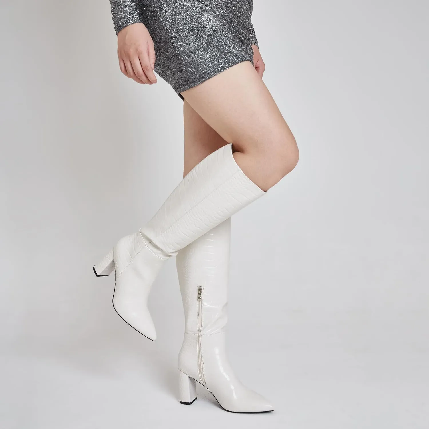 AOSPHIRAYLIAN Knee High Boots Women Snake Faux Crocodile Boots Long Tall Boots Pointed Toe Chunky High Heel Boots with Zipper Block Heel Fashion Dress Boots Pull On Size 6-10