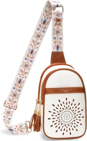 APHISON Small Sling Bag Fanny Packs Cell Phone Purse Vegan Leather Crossbody Bags for Women Chest Bag with Adjustable Strap White Brown