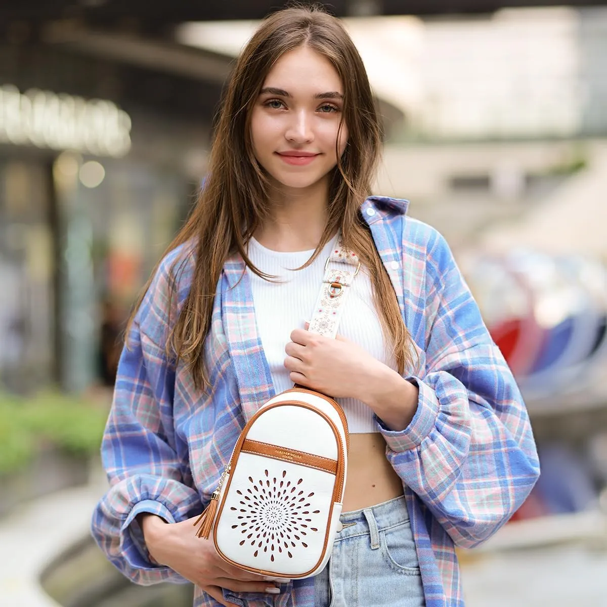 APHISON Small Sling Bag Fanny Packs Cell Phone Purse Vegan Leather Crossbody Bags for Women Chest Bag with Adjustable Strap White Brown