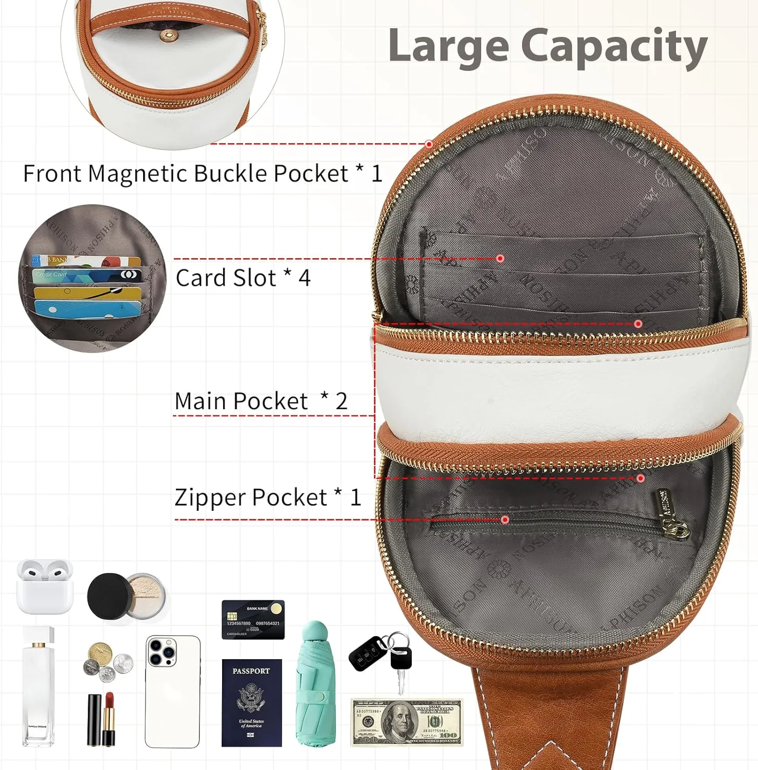 APHISON Small Sling Bag Fanny Packs Cell Phone Purse Vegan Leather Crossbody Bags for Women Chest Bag with Adjustable Strap White Brown