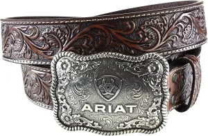 ARIAT Men's Floral Embossed Leather Belt with Antiqued Silver Cowboy Buckle