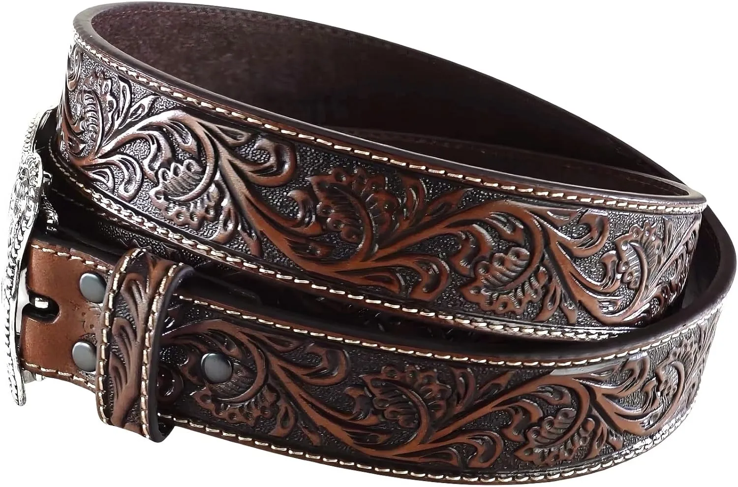 ARIAT Men's Floral Embossed Leather Belt with Antiqued Silver Cowboy Buckle