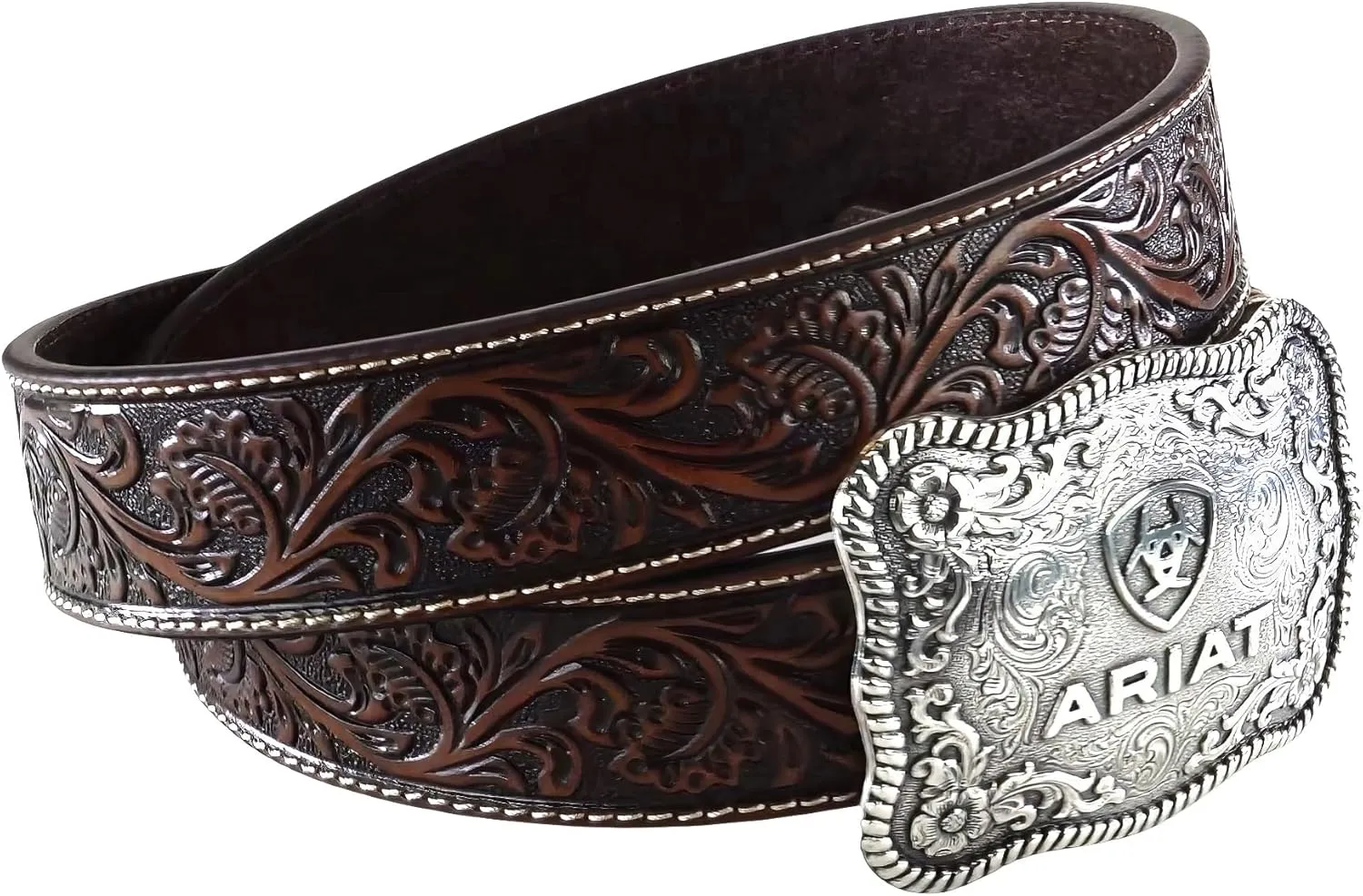 ARIAT Men's Floral Embossed Leather Belt with Antiqued Silver Cowboy Buckle