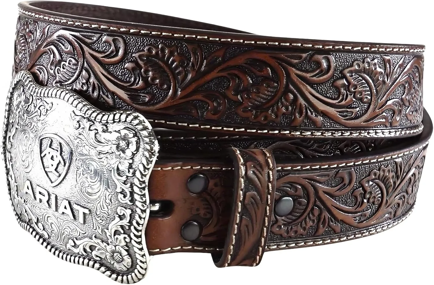 ARIAT Men's Floral Embossed Leather Belt with Antiqued Silver Cowboy Buckle